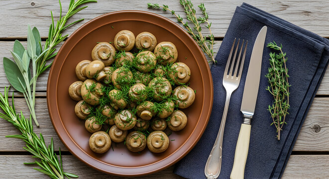 Brown Mushrooms on Plate with Fresh Dill and Herbs on Wood Table