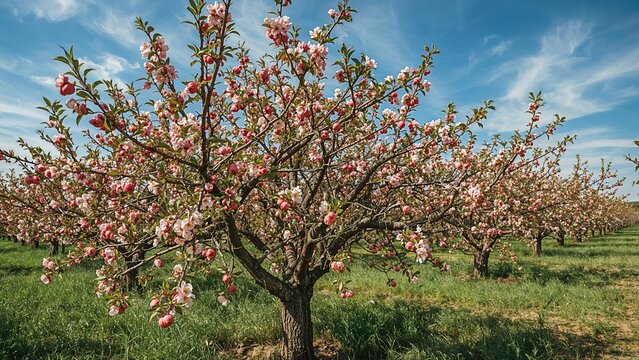 Apple trees in full bloom shielded by netting against hail
