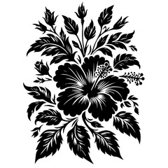 Black Silhouette Hibiscus Flower and Leaves Design