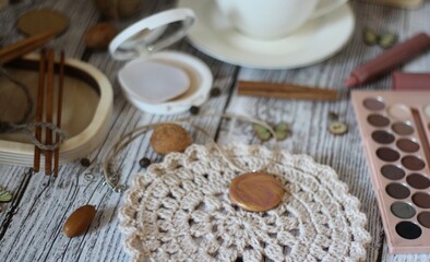 Needlework knitting objects on the table needles and clew ball wool yarn differen woman things hobby	