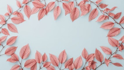 Obraz premium Pastel blue backdrop framed with stunning pink foliage, aerial perspective, flat arrangement. Botanical theme