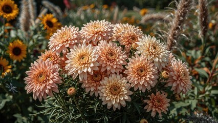 Seasonal chrysanthemum flowers arranged beautifully in a garden scene