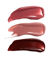 set of three lipgloss smears, acryl gel, glossy pink nail polish, cosmetics beauty product texture, liquid blush, lipstick, lipgloss swatch, isolated png
