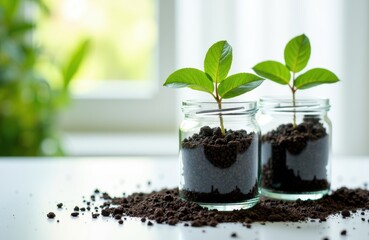Young plant sprouts growing in glass jars with soil on a white surface near a window