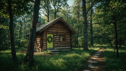 A charming timber house with a vivid green door located deep in a thriving forest