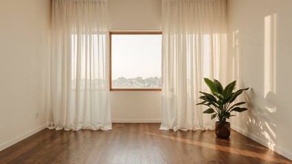 Fototapeta premium A peaceful interior bathed in gentle daylight filtering through translucent drapes, evoking calmness.
