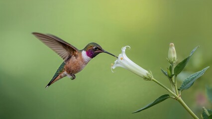 Fototapeta premium A reddish hummingbird drinks nectar mid-flight against a lush green background, created with AI generative techniques