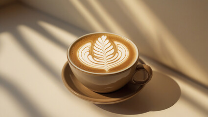 Latte Close-Up with Fern Leaf Foam Art in Ceramic Cup