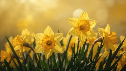 Obraz premium Close-up view of yellow daffodils blossoming in sunlight