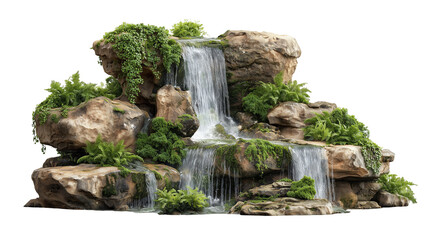 Waterfall with rock, plants leaves and moss set on white background
