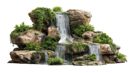 Waterfall with rock, plants leaves and moss set on white background