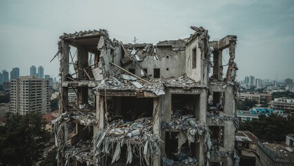 Multi-storey dwelling after quake. Fallen construction. Crumbled structural remains.