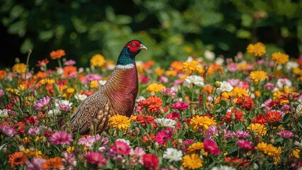 Fototapeta premium Vibrant pheasant resting on blossoms during a sunny summer day