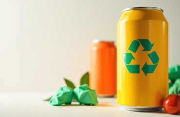 Recycling can with eco symbol surrounded by crumpled paper and fresh fruits on neutral background