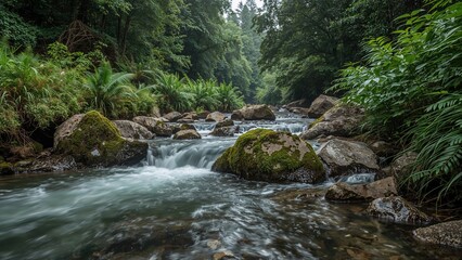 Fototapeta premium A serene creek moves swiftly over boulders, making tiny rapids with rich greenery close by.
