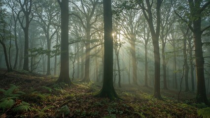 Obraz premium Early morning mist envelops a lush forest