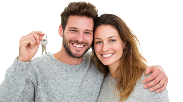 Happy couple celebrating their new home with keys, wearing cozy sweaters, on a white isolated background.