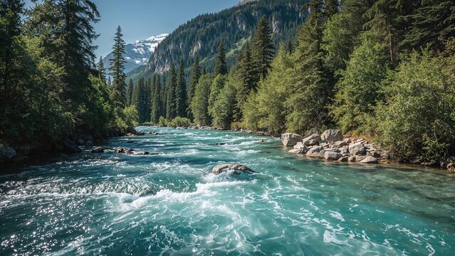 Magnificent strong frozen stream flowing through lush forest landscape in summer