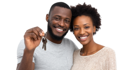 Happy couple holding keys together, celebrating a new home, white isolate background