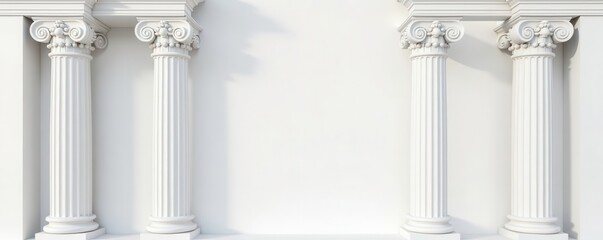 Fototapeta premium Intricate Greek columns, acanthus leaf reliefs, pristine white backdrop , volute, ornate