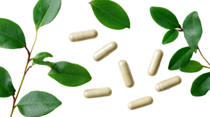 Herbal capsules with fresh green leaves on a white isolated background.