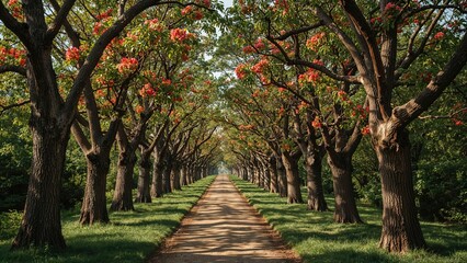 A delightful route encased by tall trees featuring vivid floral blooms on their branches