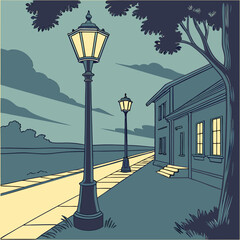 Street view with lampposts and building in a vintage style illustration