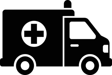 A black and white illustration of an ambulance, a vehicle for emergency medical transport.