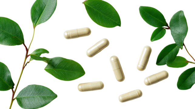 Herbal capsules with fresh green leaves on a white isolated background.