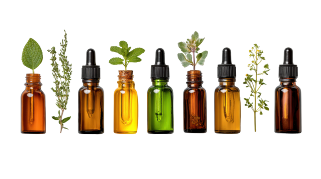 Herbal extract bottles with various leaves, white isolated background.