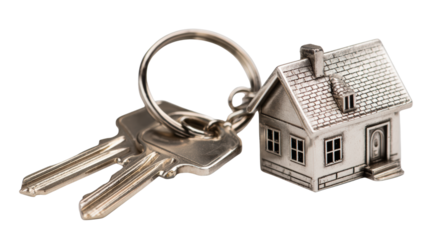 House keys with a keychain of a house model on a white isolated background.