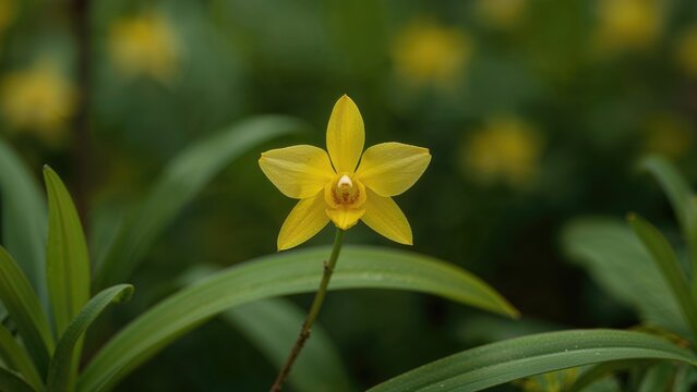 Bright yellow dendrobium orchid showcasing its typical epiphytic and lithophytic nature from the Orchidaceae family