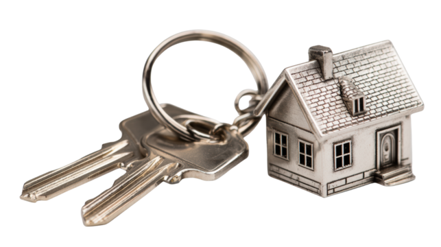 House keys with a keychain of a house model on a white isolated background.