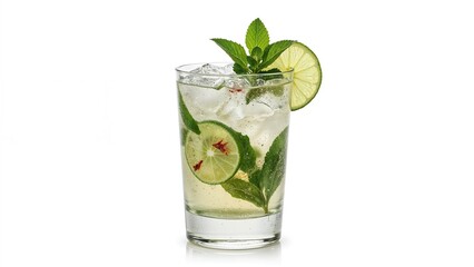 Fototapeta premium Chilled mojito beverage in a large glass, flavored with lime and mint.
