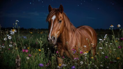 Obraz premium In a meadow full of flowers, a chestnut-colored horse is standing at night