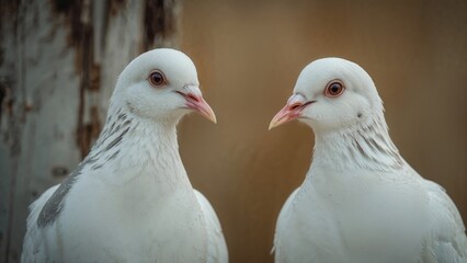 Fototapeta premium Close-up view of white pigeons with a soft-focused backdrop