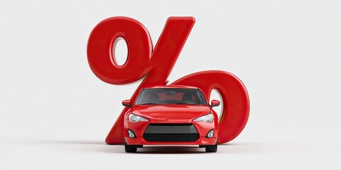 A red car stands in front of a large percentage symbol, on white background
