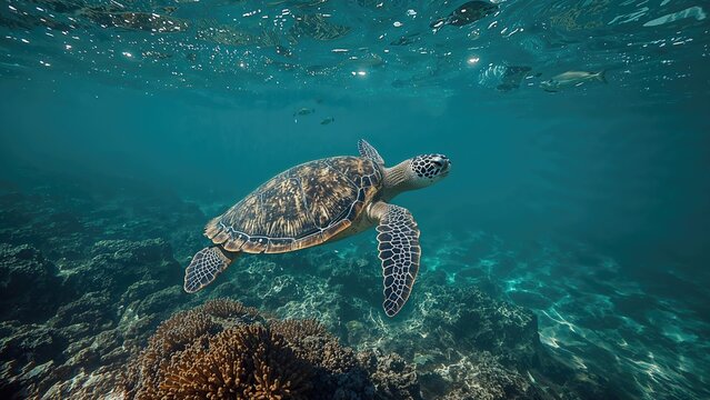 Celebrating World Oceans Day with a majestic sea turtle gliding beneath the waves on June 8th.