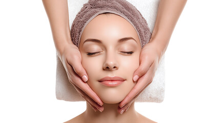 Young woman getting facial massage in beauty salon isolated on a white background