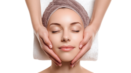 Young woman getting facial massage in beauty salon isolated on a white background