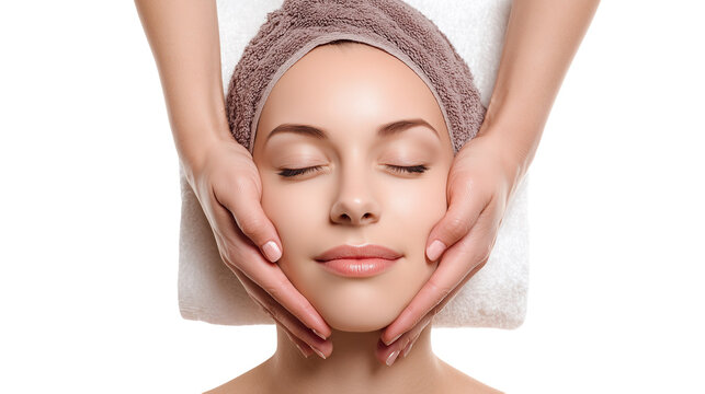 Young woman getting facial massage in beauty salon isolated on a white background - Powered by Adobe