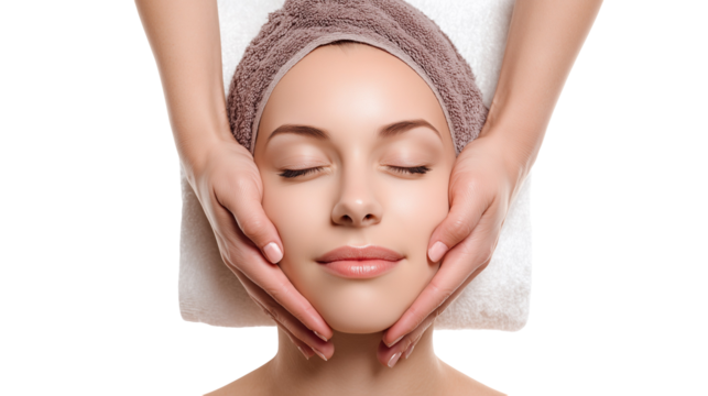 Young woman getting facial massage in beauty salon isolated on a white background
