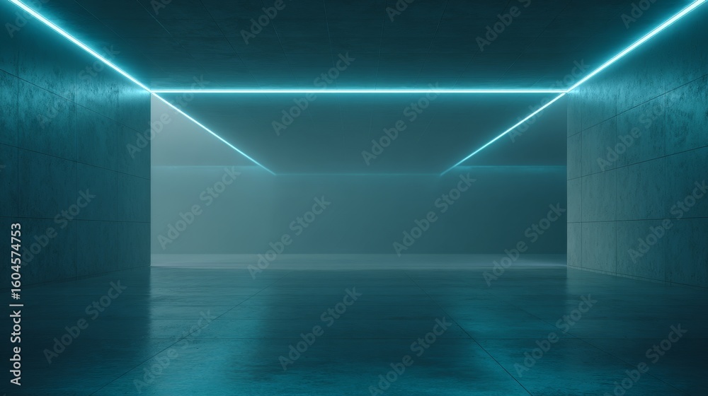 Aufkleber Futuristic geometric neon showcase scene with glowing lines and abstract shapes in empty digital space, ideal for product display, virtual background, technology banner, or sci-fi concept environment