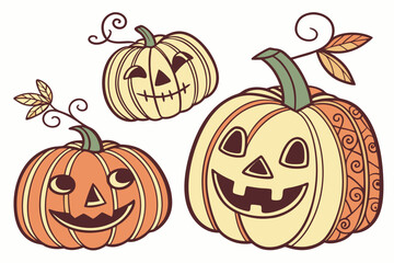 Three cartoon pumpkins with carved faces and decorative vines on a white background illustration