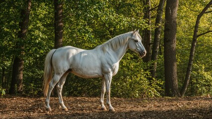 Among green trees, a white horse is visible in the woods.
