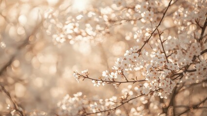 Naklejka premium Background photo of garden with blooming trees, showcasing morning sunlight and bokeh blur