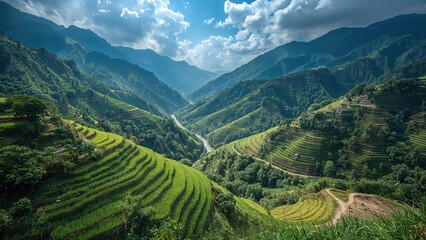 Scenic views of tiered rice paddies filled with water amidst highland terrain
