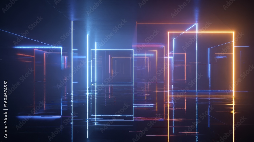 Aufkleber Futuristic geometric neon showcase scene with glowing lines and abstract shapes in empty digital space, ideal for product display, virtual background, technology banner, or sci-fi concept environment