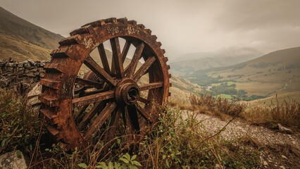 Fototapeta premium Old-fashioned Victorian mining wheel marking the site of a former coal mine.