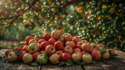 Harvested crisp apples laid out on a table alongside leafy branches in a seasonal orchard setting.